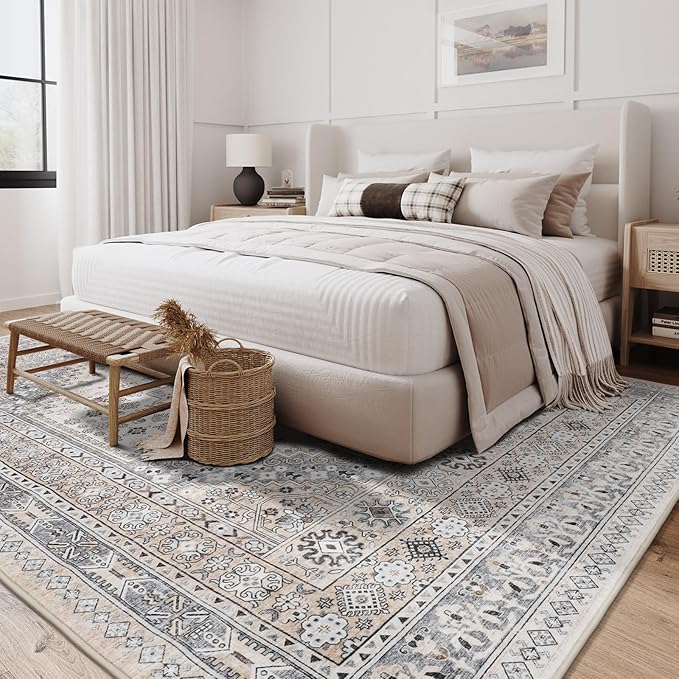 zesthome 8x10 Area Rugs for Living Room,Non-Slip Backing Washable Rugs,Vintage Large Area Rug，Stain Resistant Home Decor Rug (Beige,8'x10')