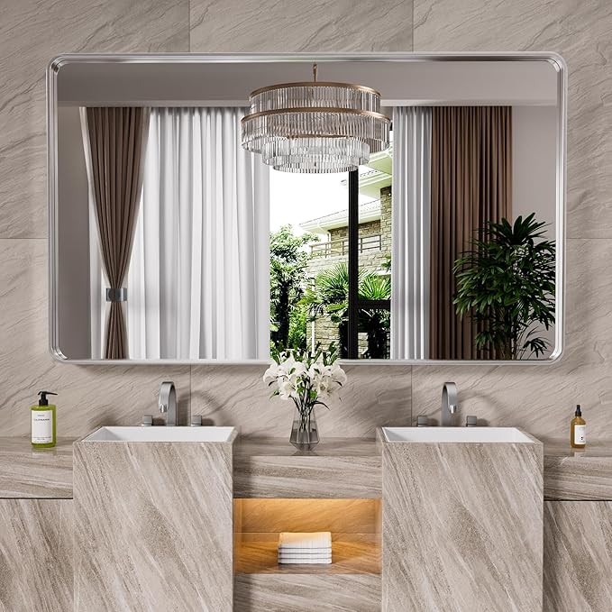 Brushed Nickel Bathroom Mirror 60x30 Inch, Brushed Silver Metal Frame Mirror Wall Mounted, Rounded Rectangle Bathroom Vanity Mirror, Tempered Glass, Anti-Rust, Horizontal/Vertical