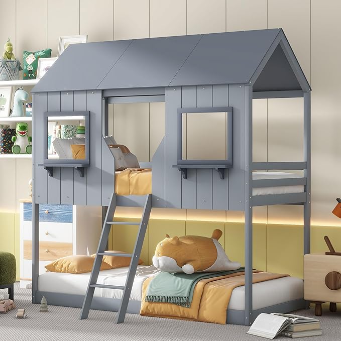 Ball & Cast Twin Over Twin Size Playhouse Bunk Bed with Roof and Window,Wood Bunkbed w/Full-Length Guard Rail & Ladder,Slat Support,Space Saving,Bedroom Furniture for Student Dorms,Gray
