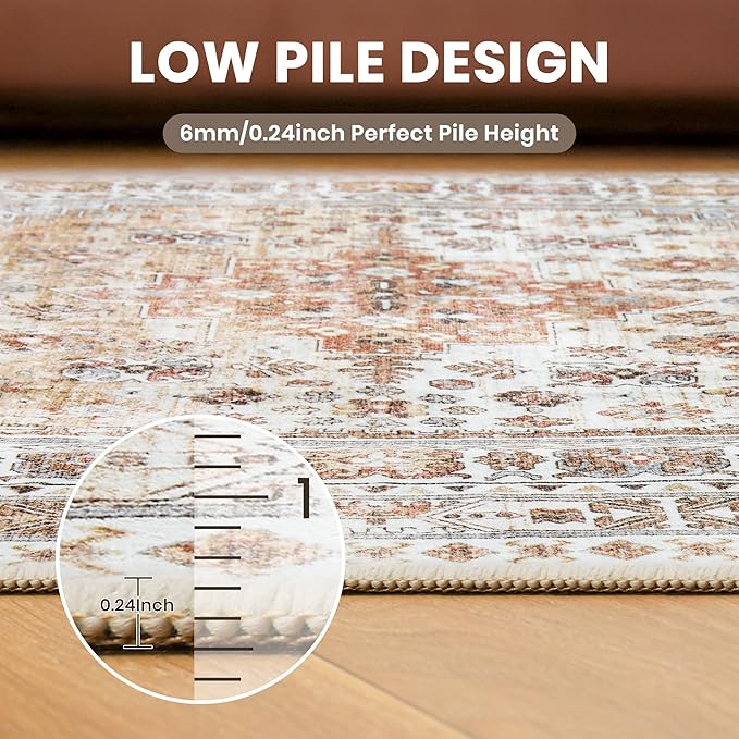 zesthome 6x9 Area Rug, Super Soft Washable Rugs for Living Room, Non-Slip Stain Resistant Vintage Rugs, Ultra-Thin Large Area Rugs (Orange,6'x9')