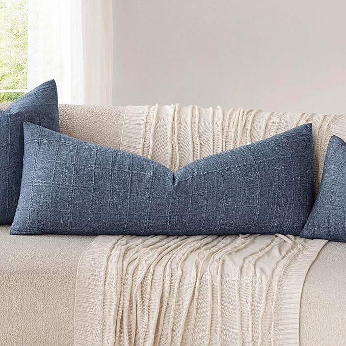 Foindtower Set of 2 Decorative Linen Check Throw Pillow Covers Neutral Long Body Lumbar Cushion Covers Farmhouse Vintage Home Decor for Sofa Chair Couch Bedroom Living Room Outdoor,14×36 Inch,Blue