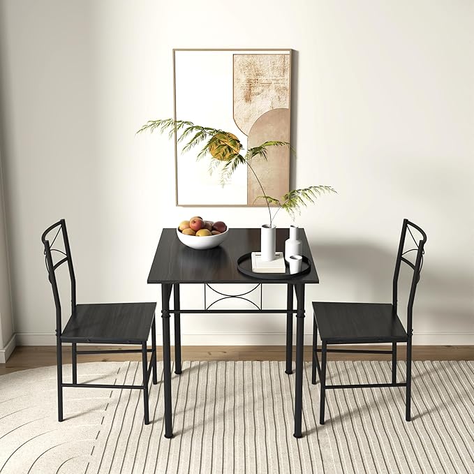 JOIN IRON 3-Piece Kitchen Dining Room Table Set for Small Spaces，Iron Wood Square Table with 2 Chairs for Kitchen Dining Room Furniture (Ash)