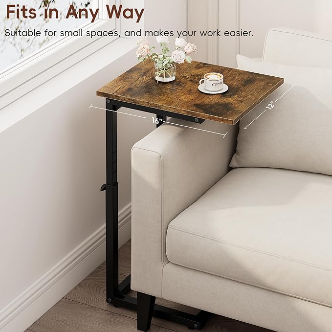 Vagusicc C Shaped End Table, 33" Tall Couch Table Adjustable Height Side Table, Sofa Table That Slide Under, C Table End Table TV Tray Coffee Arm Table for Living Room, Bedroom, Small Spaces, Brown