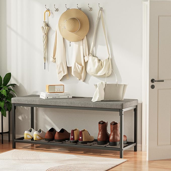 Shoe Bench, Entryway Bench with Cushion Seat, Shoe Rack Bench with Storage, Modern Style, Holds Up to 350 lb, for Living Room, Bedroom, Hallway, Grey