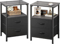 Huuger Night Stand Set of 2, Nightstand with 2 Drawers, Bed Side Table with Open Shelf, Wooden Top, End Table, Fabric Drawer, for Bedroom, Grey