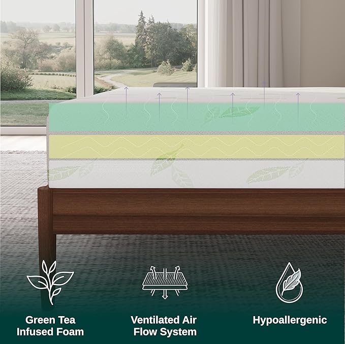 NapQueen Queen Size, 10 Inch Anula Green Tea Infused Memory Foam Mattress, Bed in a Box, CertiPUR-US Certified Mattress