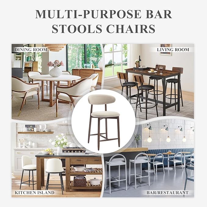 COLAMY Counter Height Bar Stools Set of 4, Kitchen Bar Stools with Back, Mid Century Modern Upholstered, with Wood Legs for Kitchen Island Dining Room, Beige