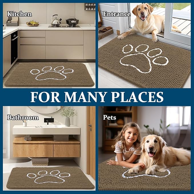 OLANLY Door Mat for Muddy Dog Paws 36x24, Ultra Absorbent Chenille Mud Doormat with Paw Print Design, Non-Slip Washable Doormat for Indoor Entryway, Quick-Dry Pet Bed Mats for Dirty Dogs, Tan