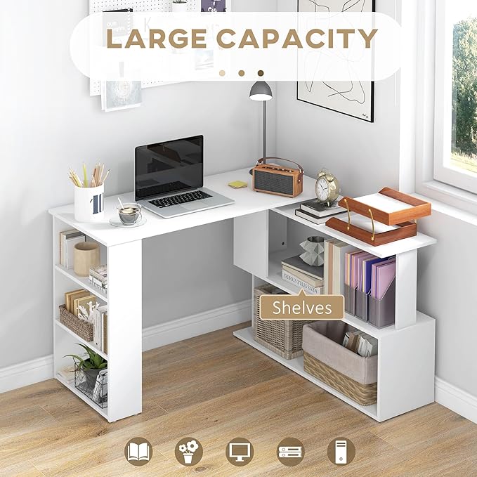 HOMCOM L Shaped Desk, Corner Computer Desk, 360 Degree Rotating Home Office Desk with Storage Shelves, Writing Table Workstation, White