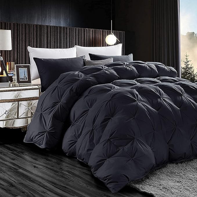 Luxurious Goose Down Feather Fiber Comforter, Exquisite Pinch Pleat Design, Black 108 x 98 , 100% Egyptian Cotton, 75 oz Fill Weight, Black,Oversize Cal King