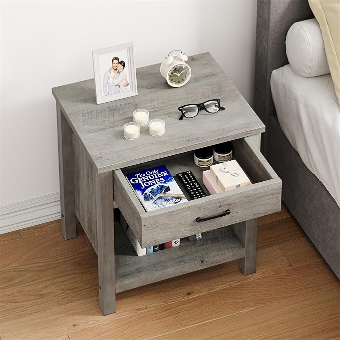IDEALHOUSE Farmhouse Nightstand Set of 2 with Drawer, Grey Night Stand End Tables Living Room with Storage Shelf, Wooden Bedside Tables for Bedroom Nursery Office (2 Pack)