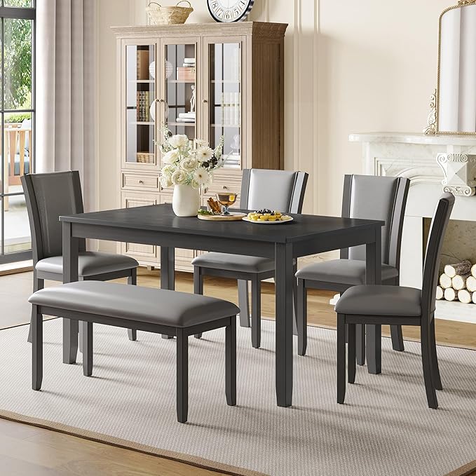 Ball & Cast 6 Piece Dining Table Set with 4 Upholstered Chairs & 1 Bench,Farmhouse Wooden Living Room Furniture for 6 W/ 58.5" Rectangle Kitchen Desk,for Restaurant,Home Bistro,Dining Room,Gray