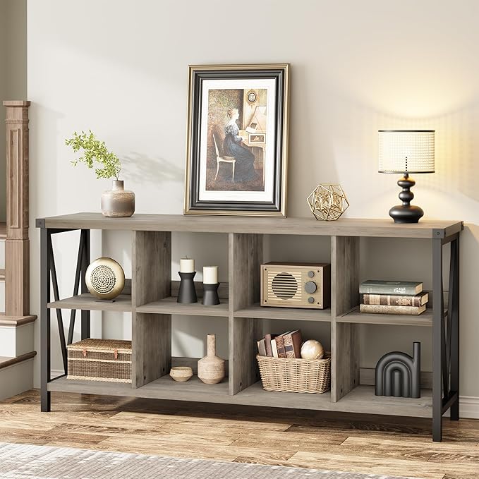 GarveeHome 8 Cube Storage Organizer Bookshelf, 3 Tier Metal Horizontal Bookcase, 62 Inch Console Bookshelf, Industrial Storage Bookcase for Entryway, Long Low Bookshelves for Living Room-Grey