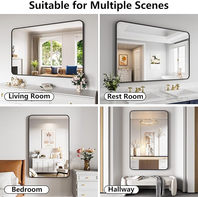 Koonmi Bathroom Mirror, 36X55 Inch Black Metal Framed Mirror for Bathroom, Tempered Glass, Anti-Rust, Rounded Rectangle Mirror for Restroom, Bedroom, Black