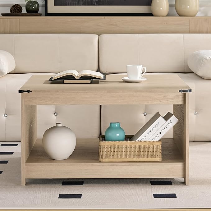 Farmhouse Coffee Table for Living Room, Wood Square Coffee Tables, 31.5" D x 31.5" W, Natural Oak