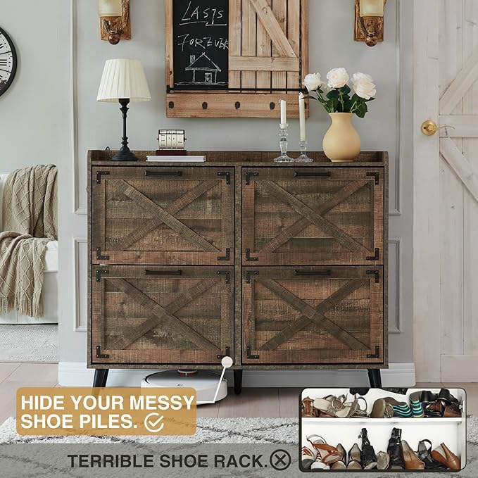 Shoe Storage Cabinet,Farmhouse Shoe Organizer with 4 Flip Drawers & Barn Door Design,Freestanding Hidden Slim Narrow Shoe Rack Cabinet for Entryway,Foyer,Hallway,Rustic Brown