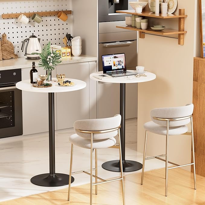 Shahoo Round Bar Table, Cocktail Tables with Metal Base & MDF Top, for Bistro Pub, Cafe, White