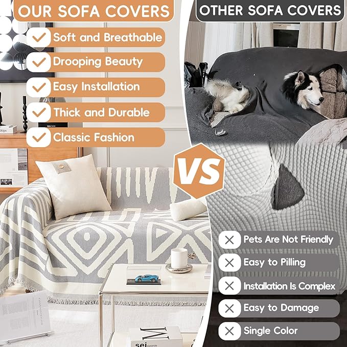 STACYPIK Durable Chenille Gray Beige Sofa Cover Boho Triangle Slipcover Furniture Protector Washable Armchair Couch Cover for 2 Cushion Couch Non-Slip Jacquard Sofa Protector Pet Friendly-71X102IN
