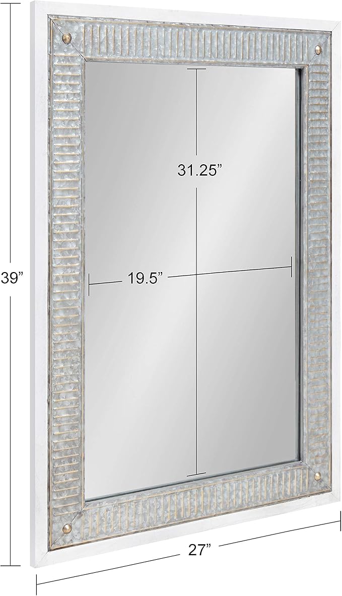 Kate and Laurel Deely Farmhouse Wall Mirror, 27 x 39, White and Silver, Rustic Wall Decor with Galvanized Metal Frame