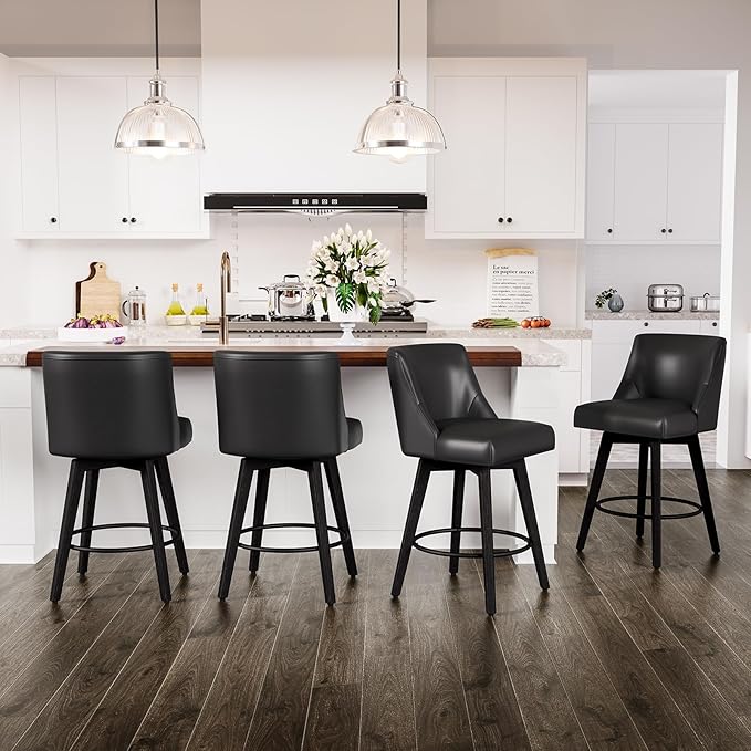 Counter Height Swivel Bar Stools Set of 4, 26 Inch Bar Stools with Footrest, Faux Leather Upholstered Barstools with Back and Solid Wood Legs for Kitchen Island, Dining Room,Pub,Black