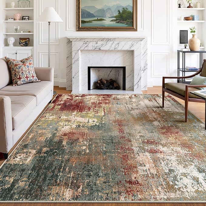 Washable Area Rugs 8'x10' Non-Slip Modern Abstract Soft for Living Room Entryway Bedroom Nursery, Print Pattern, Brown Rust Red Multi