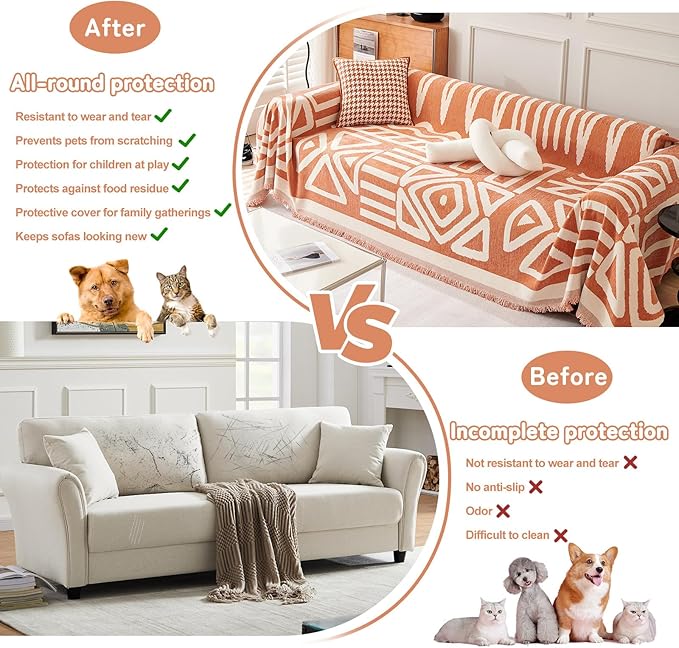 HANDONTIME Orange Sofa Covers for Couch Loveseat Covers Soft Chenille Couch Cover for Dogs Sofa Covers for 3 Cushion Couch Boho Sofa Throw Cover Pet Couch Furniture Protector Thick Washable 71" X134"