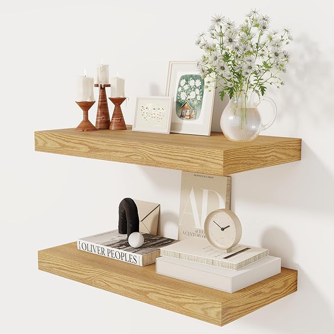 12 Inch Deep Floating Shelves, 24 x 12 Floating Shelf for Books, Rustic Wood Deep Wall Shelves for Home Storage & Display, 2" Thicked Shelves for Kitchen, Living Room, Bedroom, Oak Color, 2 Pack