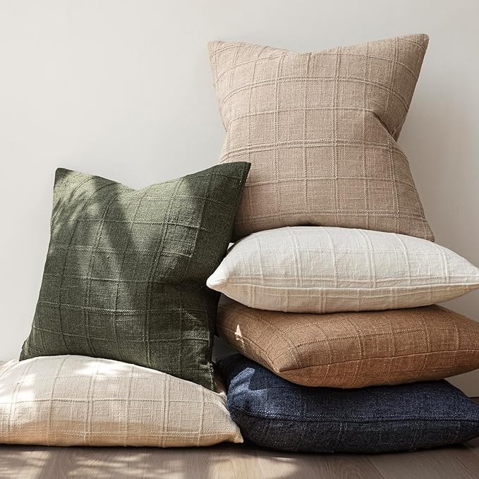 Foindtower Set of 2 Decorative Linen Check Throw Pillow Covers Neutral Farmhouse Vintage Cushion Covers Modern Coastal Boho Home Decor For Sofa Chair Couch Bedroom Living Room Outdoor,24×24 Inch,Camel