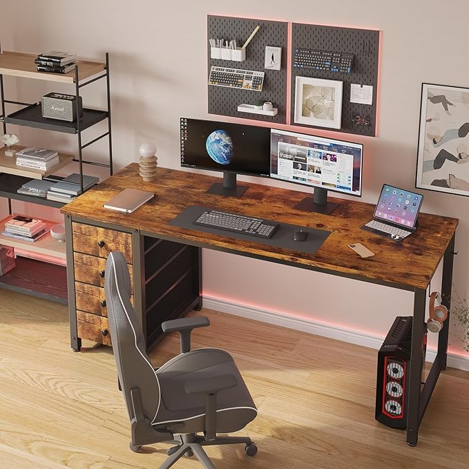 Lufeiya Computer Desk with Fabric Drawers - 55 Inch Long Study Work Writing Desk for Home Office Bedroom, Reversible Simple Modern Cute PC Desks with Drawer, Rustic Brown
