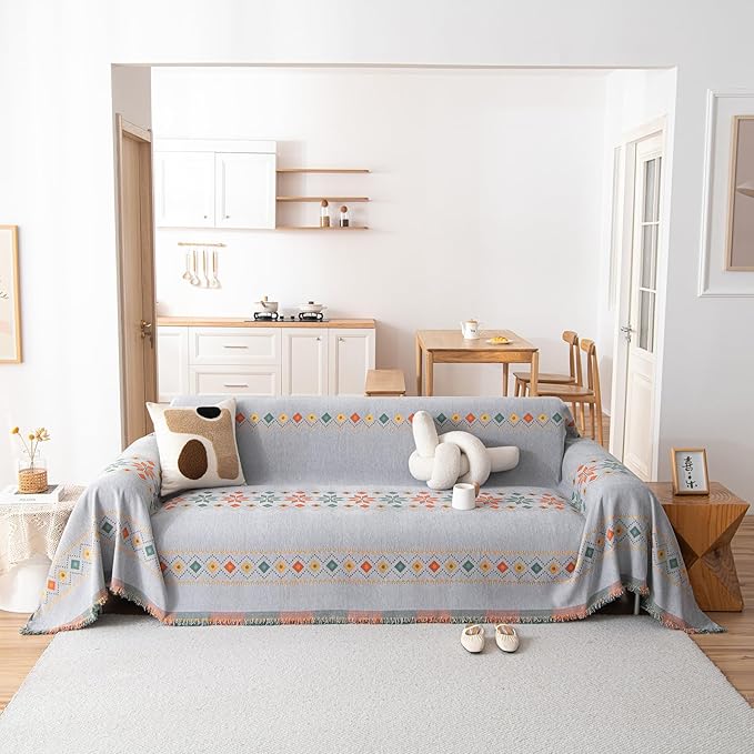 STACYPIK Boho Gray Jacquard Couch Cover, Sofa Cover for Dogs Washable, Non Slip Couch Cover for Sectional, Furniture Protector for 3 Cushion Couch, Multi-use Sofa Slipcover Pet-Friendly-71X150IN