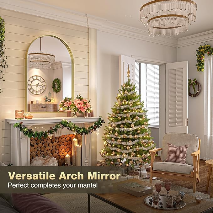 Brightify Arched Wall Mirror, 26 x 38 Inch, Gold Metal Frame, HD Silver, Bathroom, Living Room, Wall Mount