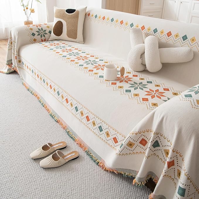 STACYPIK Thick Boho Beige Sofa Cover, Jacquard Chenille Couch Cover for Sectional, Non-Slip Geometric Furniture Protector for 3 Cushion Couch, L Shaped Sofa Cover Decorative Sofa Slipcover-71X134IN