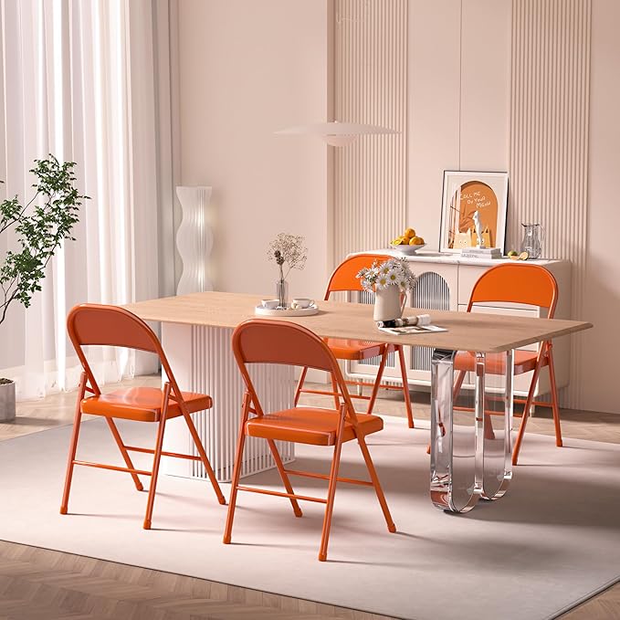 VECELO Metal Frame Steel Folding Mounted Chairs with Triple Braced & Double Hinged Back for Home Office,350-Pound Capacity,Orange, Pack of 4