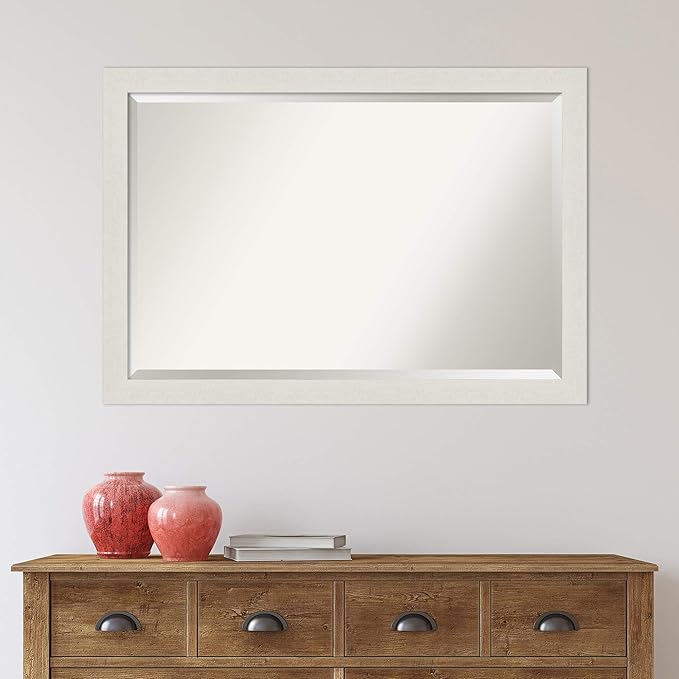 Amanti Art White Bathroom Mirror for Over Sink, 28x40 Rustic Plank White Narrow Rectangle Vanity Mirror, Large Rustic Farmhouse Frame, Hangs Horizonally and Vertically, Bathroom Wall Decor, Beveled