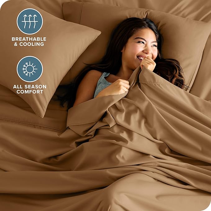 Bare Home Twin XL Sheet Set - 1800 Ultra-Soft Microfiber Twin Extra Long Bed Sheets - Double Brushed - Deep Pockets - Easy Fit - Extra Soft - 3 Piece Set - Bed Sheets & Pillowcases (Twin XL, Caramel)