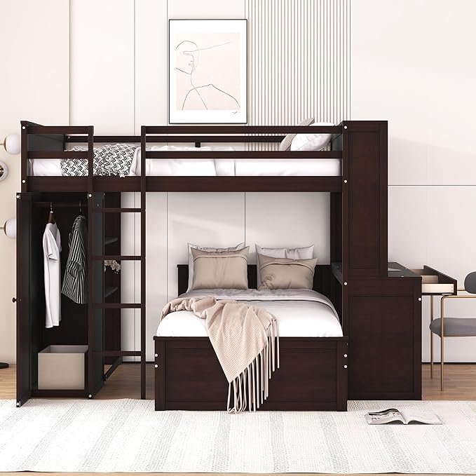 Full Size Loft Bed with Wardrobe Desk and Shelves,Solid Wood Bunk Stand-Alone Platform Bedframe,w/Safety Guardrail,for Kids Teens Adults Bedroom,Espresso