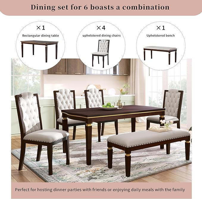 Merax 6-Piece Kitchen Dining Table Set, 62.7" Rectangular with 4 High-Back Tufted Chairs & 1 Bench for Kitchen Room, Espresso