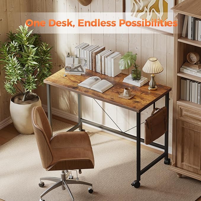 Rolling Computer Desk with Wheels, Gaming Desk for Small Spaces, Modern Simple Style Table for Home Office, Study Writing Table (Caster, Dark Brown, 32 inch)