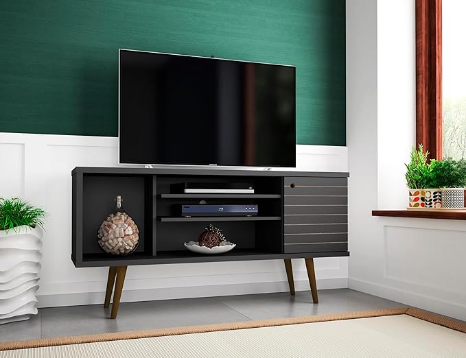 Manhattan Comfort Liberty Mid Century Modern TV Stand for Televisions up to 50 Inches, Bedroom and Living Room Entertainment Center with Storage, Shelves, and Cabinet, 53" Wide, Black