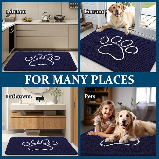 OLANLY Door Mat for Muddy Dog Paws 36x24, Ultra Absorbent Chenille Mud Doormat with Paw Print Design, Non-Slip Washable Doormat for Indoor Entryway, Quick-Dry Pet Bed Mats for Dirty Dogs, Navy Blue