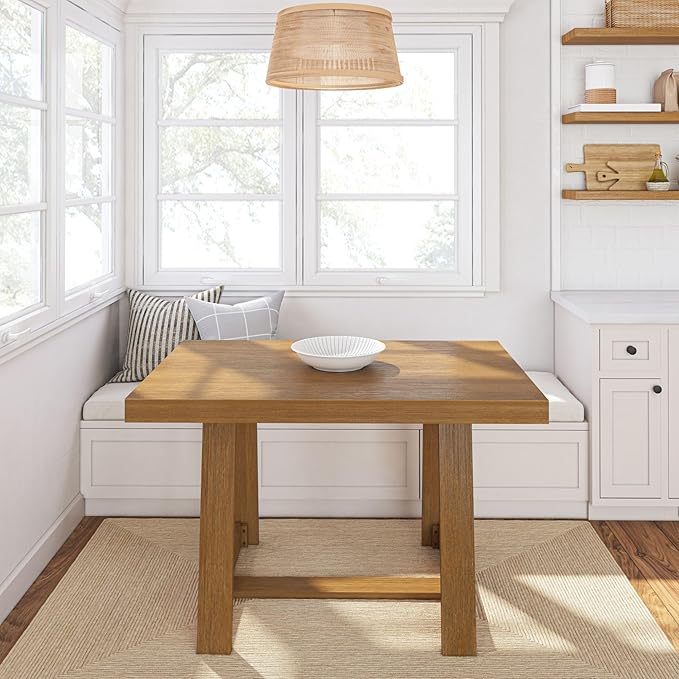 Plank+Beam 48 Inch Farmhouse Dining Table, Rustic Solid Wood Kitchen Table, Dinner Table for Dining Room, Home Office Furniture, Pecan Wirebrush