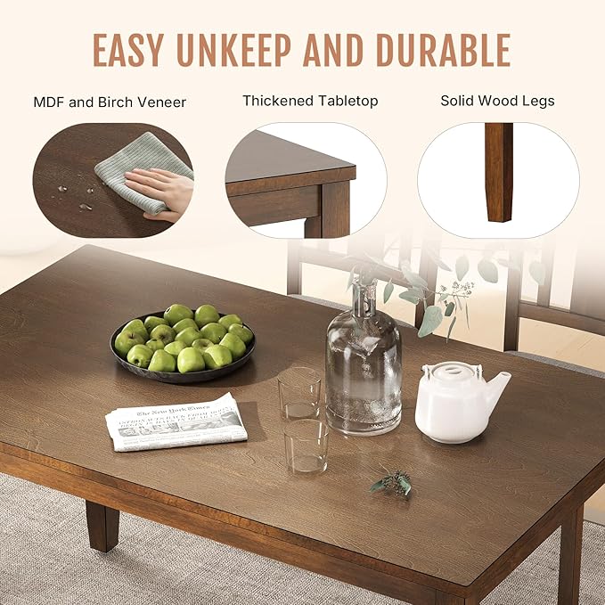 6-Piece Wooden Dining Set, Dining Table & Chair Set for 6, Includes Dining Table, 4 Upholstered Chairs & 1 Bench, Dining Table with Wood Legs, Table Set for Dining Room, Kitchen, Walnut
