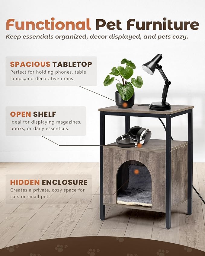Cat End Table with Charging Station, Indoor Cat House Side Table with Bed, Cat Cave Hideaway Night Stand, Greige