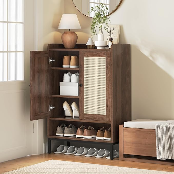 Rattan Shoe Cabinet Storage for Entryway, Shoe Cabinet with Adjustable Shelves for Entryway, 5-Tier, 20 Pair Shoe Rack Storage for Hallway, Closet, Living Room, Brown