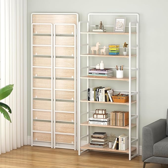 4NM No-Assembly 6 Tiers Folding Bookshelf Storage Shelves Vintage Bookcase Standing Racks Study Organizer Home Office (Natural White)