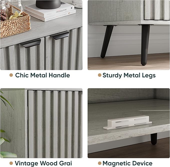 Semiocthome Gray Buffet Cabinet with Storage, Sideboard with Fluted Doors and Metal Legs, Storage Cabinet with Adjustable Shelf, Accent Table for Living Room, Dining Room, Kitchen, Entryway