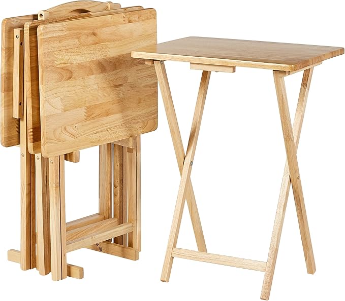Amazon Basics Classic Foldable TV Dinner Tray Table with Storage Rack, 14.6 L x 19 W x 26 H inch, Natutral, 4-Pack