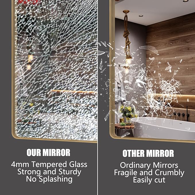 60x40 Gold Bathroom Mirror, Brushed Metal Frame Gold Vanity Mirror, Large Rectangle Mirror for Wall, Rounded Corner, Shatterproof, Anti-Rust (Horizontal/Vertical)