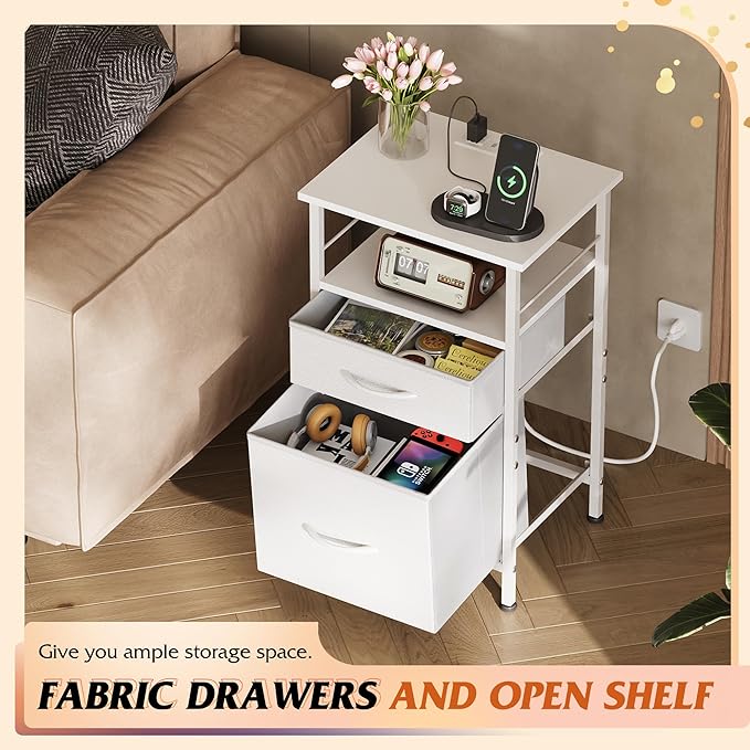 WLIVE Night Stand Set 2, White Nightstand with Charging Station, Nightstands for Bedroom Set of 2, Bedside Tables, Side Table with 2 Fabric Drawers, Small Dresser with USB Ports and Outlets