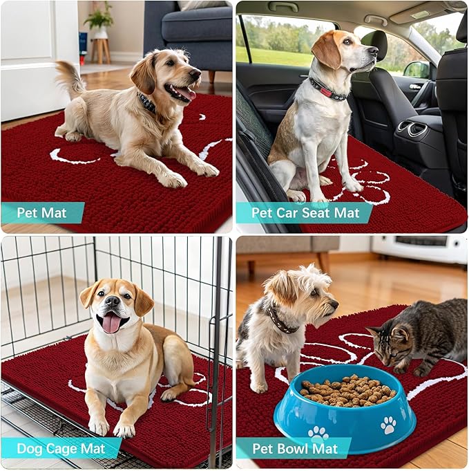 OLANLY Door Mat for Muddy Dog Paws 48x30, Ultra Absorbent Chenille Mud Doormat with Paw Print Design, Non-Slip Washable Doormat for Indoor Entryway, Quick-Dry Pet Bed Mats for Dirty Dogs, Red